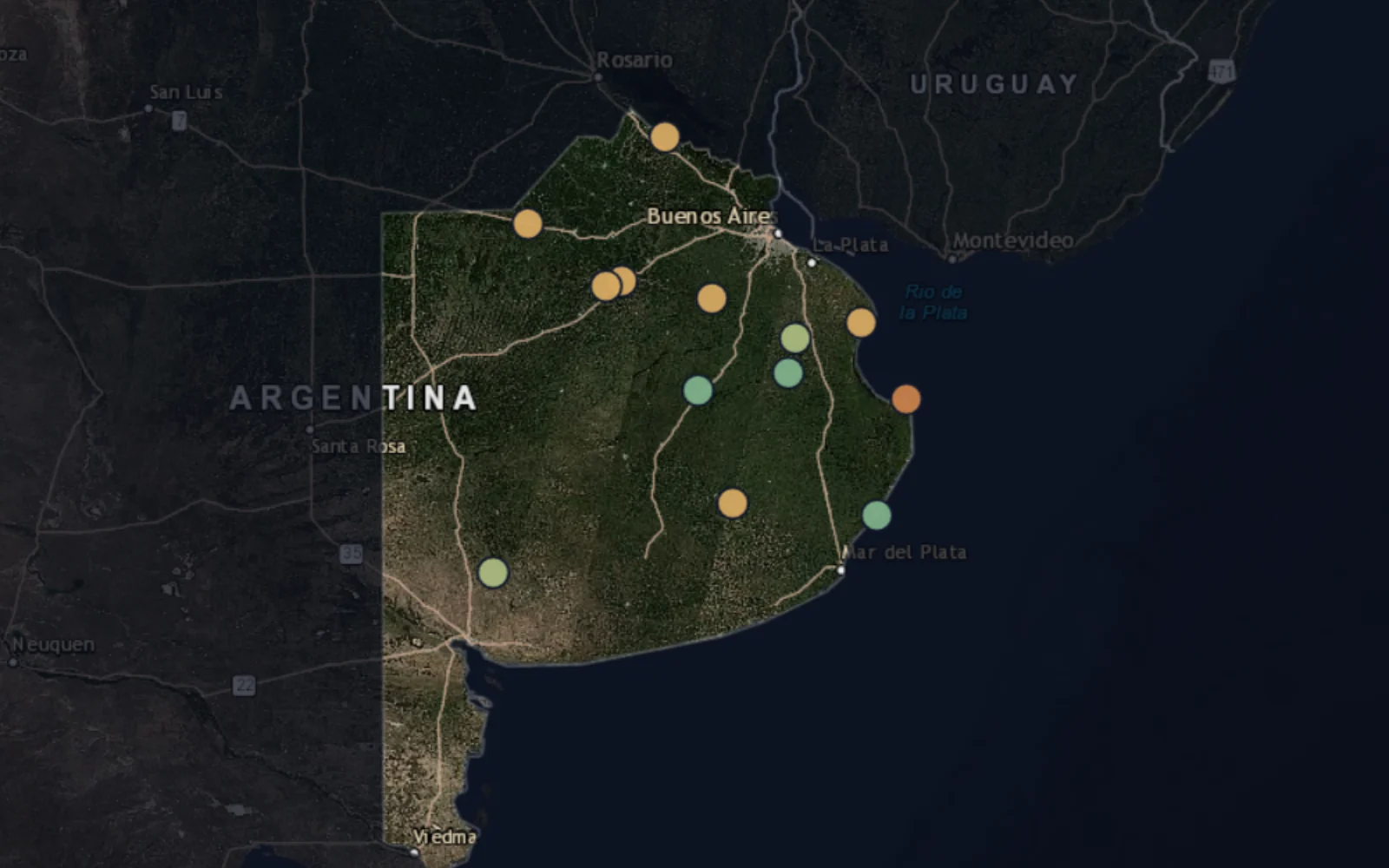 Mapa de StarMap BA con los puntos de observación y la contaminación lumínica